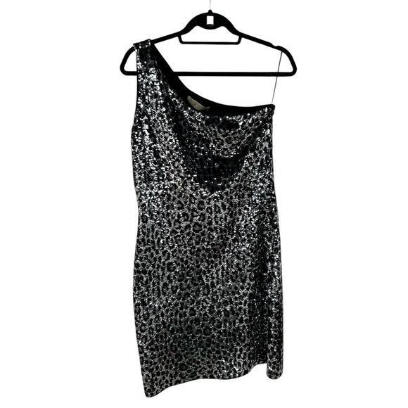 NWT MICHAEL Michael Kors Silver Sequined Cheetah One-Shoulder Mini Dress Medium - Picture 2 of 8